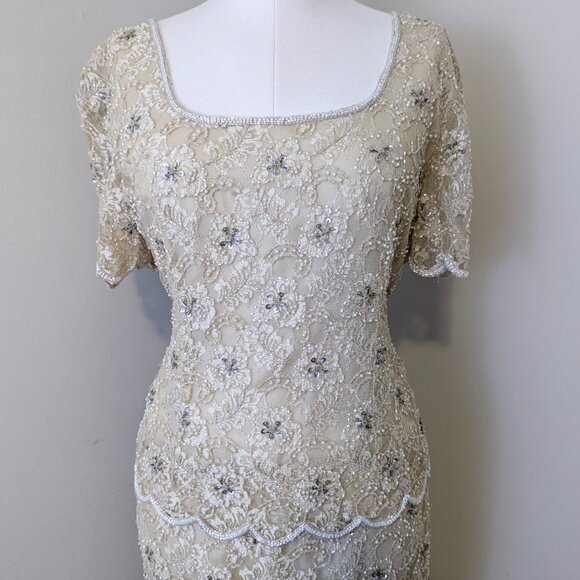 80s Beige Beaded Prom Dress Peplum Dress Floral Lace Formal Gown Vintage Dress - Picture 3 of 14